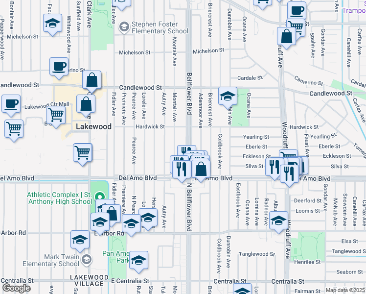 map of restaurants, bars, coffee shops, grocery stores, and more near 4956 Bellflower Boulevard in Lakewood