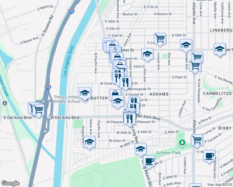 map of restaurants, bars, coffee shops, grocery stores, and more near 15 West 51st Street in Long Beach