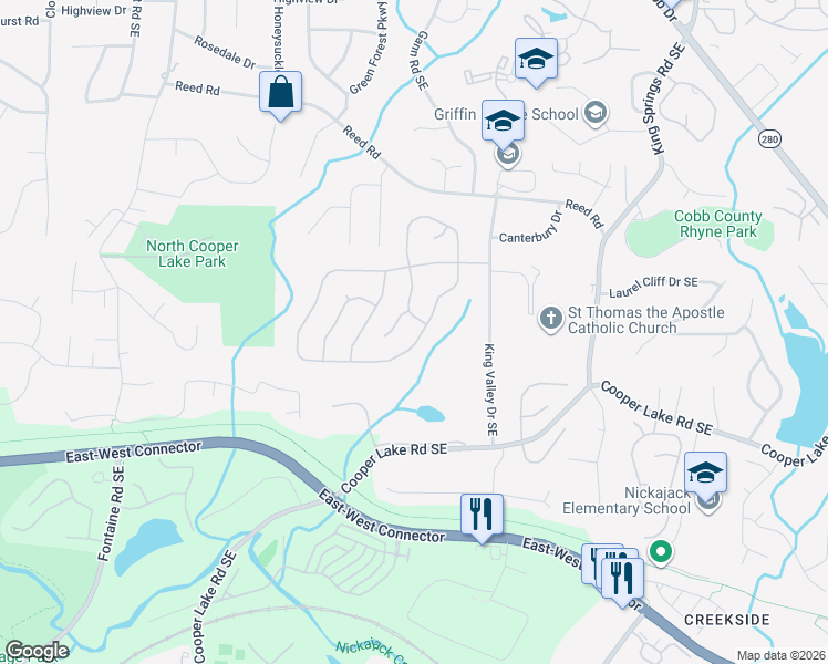 map of restaurants, bars, coffee shops, grocery stores, and more near 1041 Queensgate Drive Southeast in Smyrna