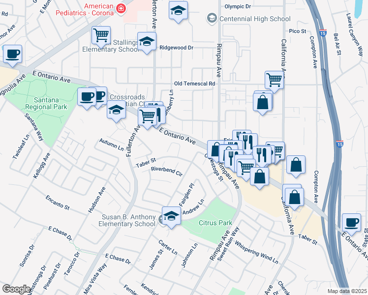 map of restaurants, bars, coffee shops, grocery stores, and more near 2359 Calvert Street in Corona