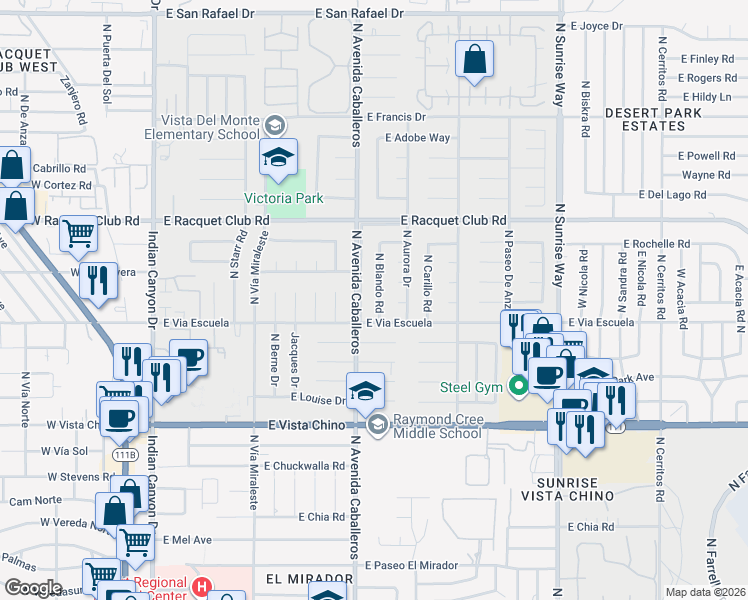 map of restaurants, bars, coffee shops, grocery stores, and more near 2161 North Blando Road in Palm Springs