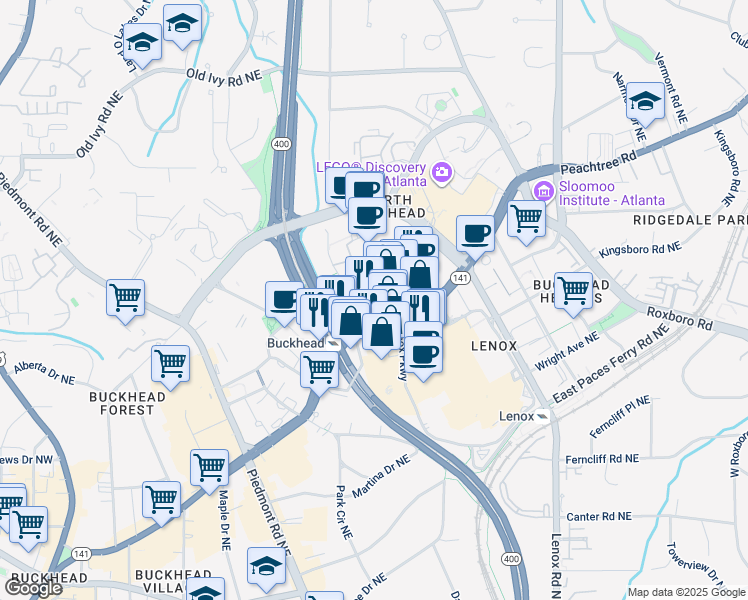 map of restaurants, bars, coffee shops, grocery stores, and more near 3380 Peachtree Road Northeast in Atlanta