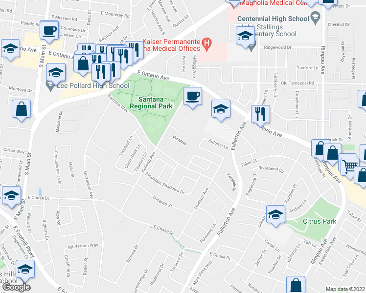 map of restaurants, bars, coffee shops, grocery stores, and more near 2514 Elmcrest Drive in Corona