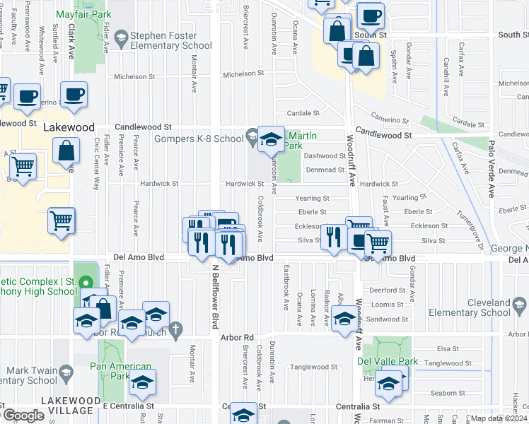 map of restaurants, bars, coffee shops, grocery stores, and more near 5012 Coldbrook Avenue in Lakewood