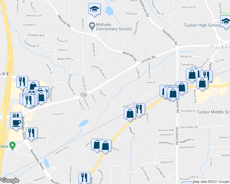 map of restaurants, bars, coffee shops, grocery stores, and more near 3833 Leander Court in Tucker