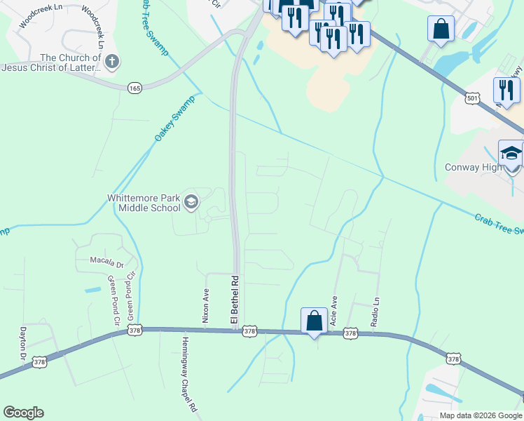 map of restaurants, bars, coffee shops, grocery stores, and more near in Conway