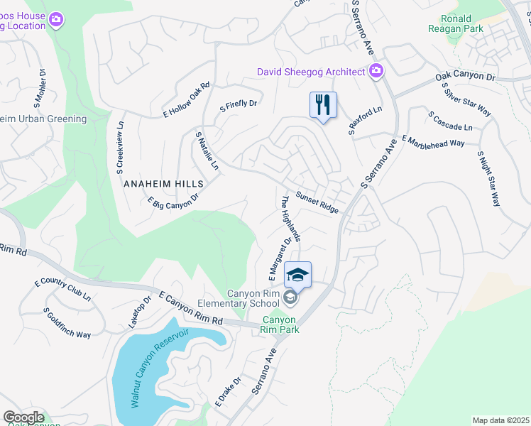 map of restaurants, bars, coffee shops, grocery stores, and more near 7728 East Misty Glen Court in Anaheim