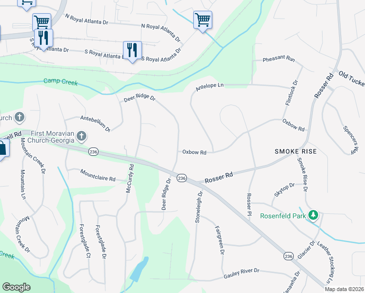 map of restaurants, bars, coffee shops, grocery stores, and more near 5170 Oxbow Road in Stone Mountain