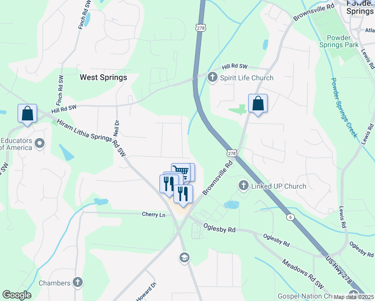 map of restaurants, bars, coffee shops, grocery stores, and more near 5000 Paris Avenue in Powder Springs