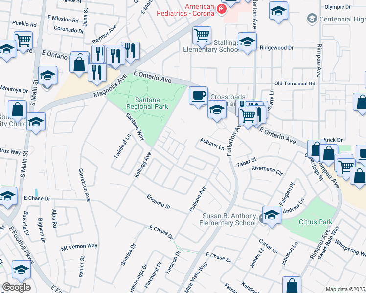 map of restaurants, bars, coffee shops, grocery stores, and more near 2514 Elmcrest Drive in Corona