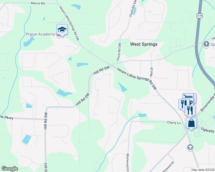 map of restaurants, bars, coffee shops, grocery stores, and more near 4312 Sorrells Drive in Powder Springs