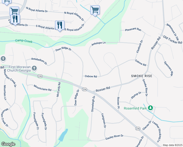 map of restaurants, bars, coffee shops, grocery stores, and more near 5210 Oxbow Road in Stone Mountain