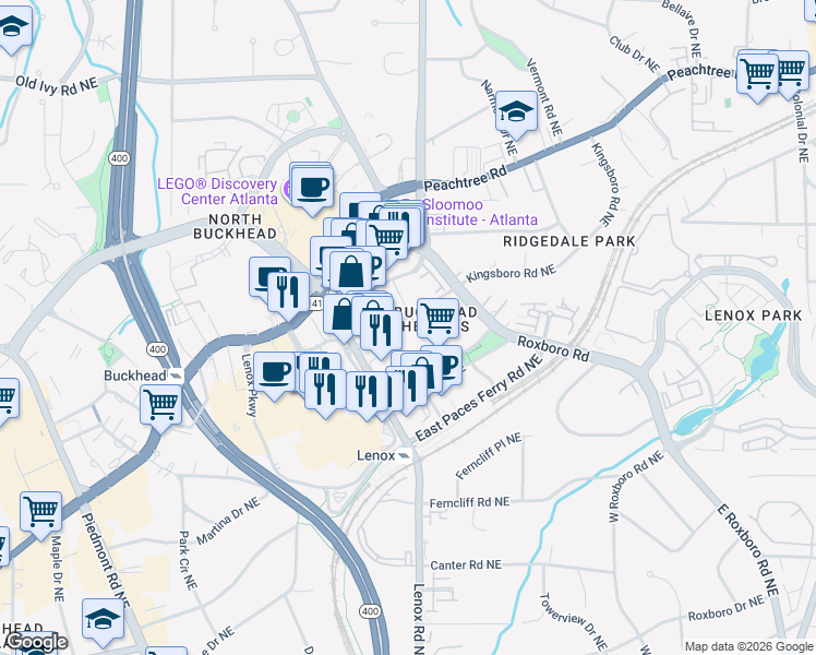 map of restaurants, bars, coffee shops, grocery stores, and more near 3435 Kingsboro Road Northeast in Atlanta