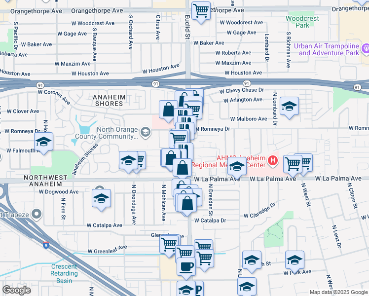 map of restaurants, bars, coffee shops, grocery stores, and more near 1135 North Euclid Street in Anaheim
