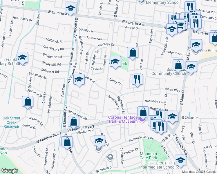 map of restaurants, bars, coffee shops, grocery stores, and more near 2824 South Buena Vista Avenue in Corona