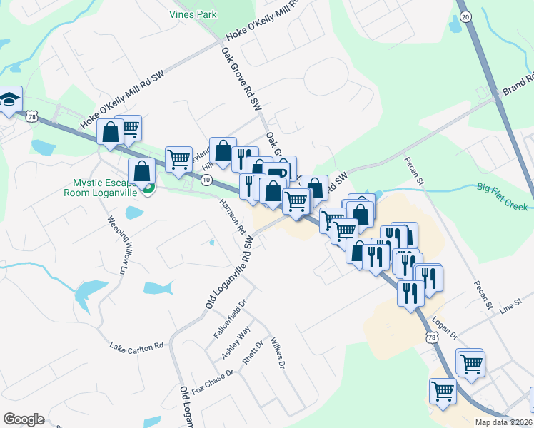 map of restaurants, bars, coffee shops, grocery stores, and more near 150 Athens Highway in Loganville