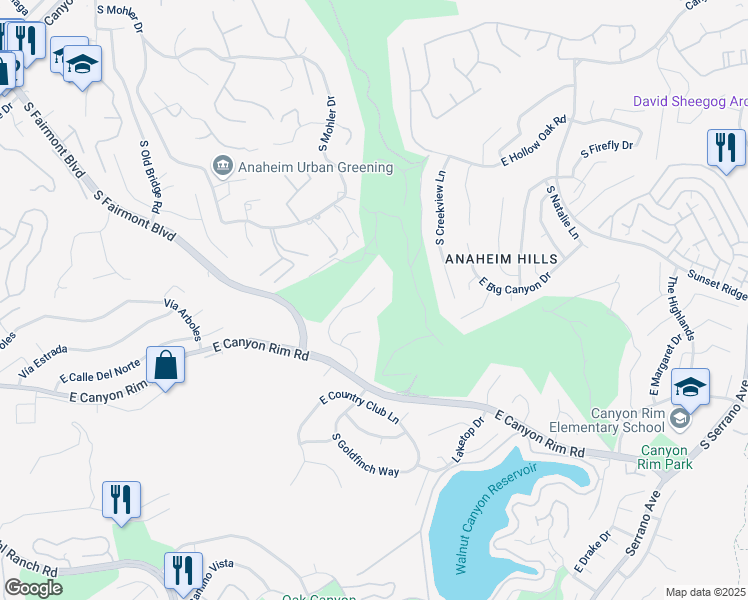 map of restaurants, bars, coffee shops, grocery stores, and more near 7460 East Hummingbird Circle in Anaheim