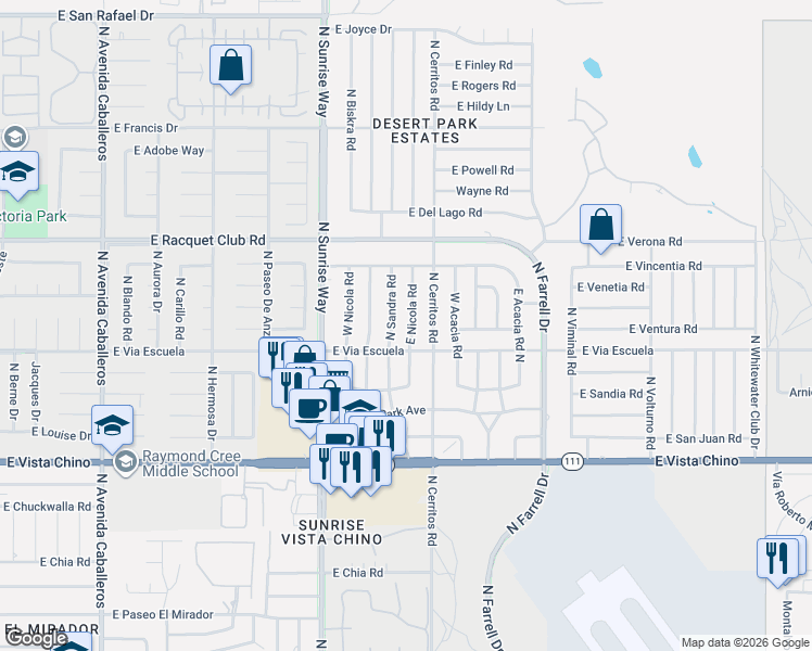map of restaurants, bars, coffee shops, grocery stores, and more near 2132 East Nicola Road in Palm Springs