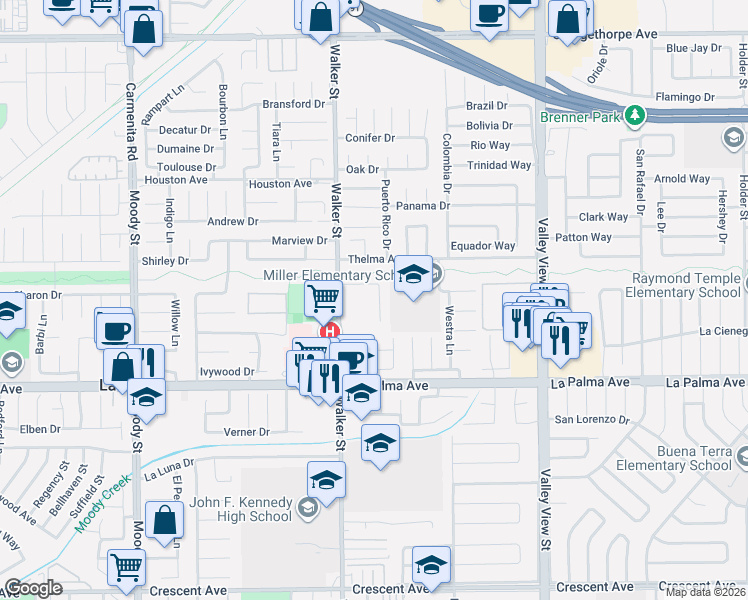 map of restaurants, bars, coffee shops, grocery stores, and more near 7822 Walker Street in La Palma