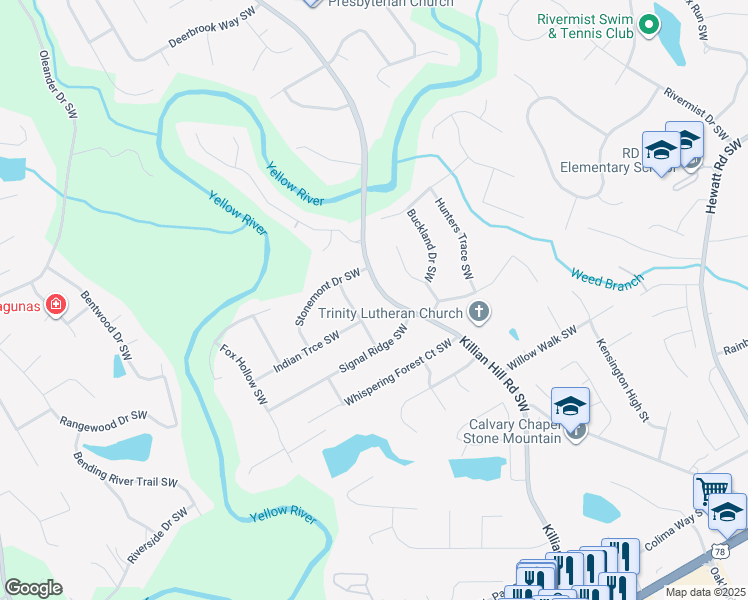 map of restaurants, bars, coffee shops, grocery stores, and more near 1739 Killian Hill Road Southwest in Lilburn