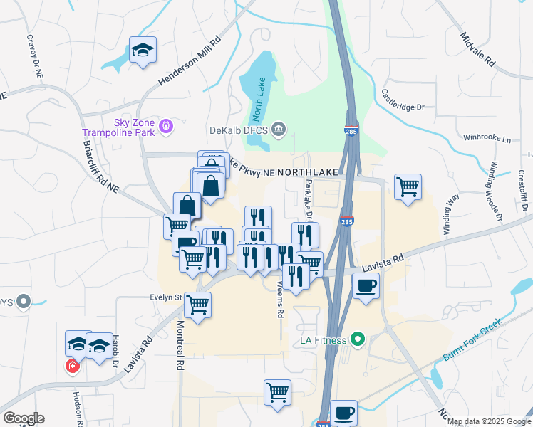 map of restaurants, bars, coffee shops, grocery stores, and more near 2735 Northlake Circle Northeast in Atlanta