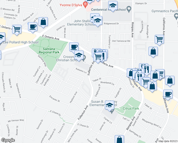 map of restaurants, bars, coffee shops, grocery stores, and more near Fullerton Avenue in Corona