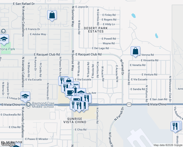 map of restaurants, bars, coffee shops, grocery stores, and more near 2155 East Nicola Road in Palm Springs