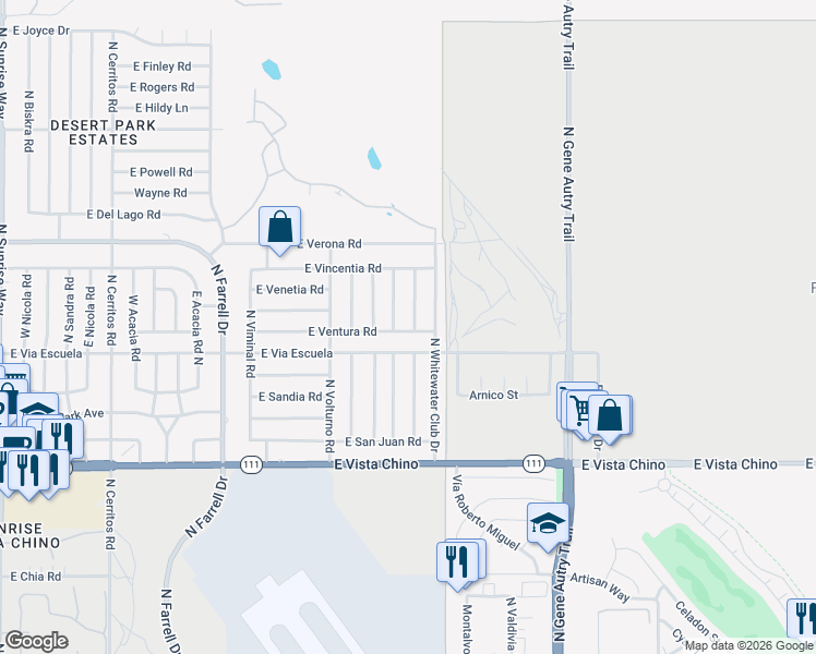 map of restaurants, bars, coffee shops, grocery stores, and more near 3133 East Ventura Road in Palm Springs