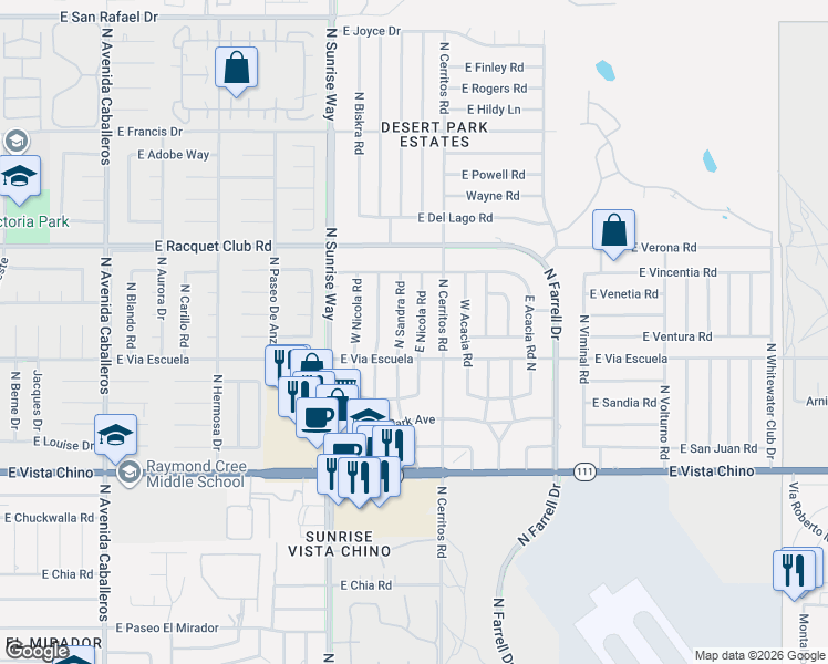 map of restaurants, bars, coffee shops, grocery stores, and more near 2132 East Nicola Road in Palm Springs