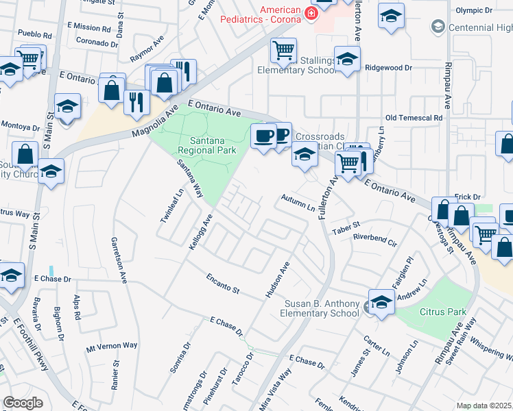 map of restaurants, bars, coffee shops, grocery stores, and more near 2514 Elmcrest Drive in Corona