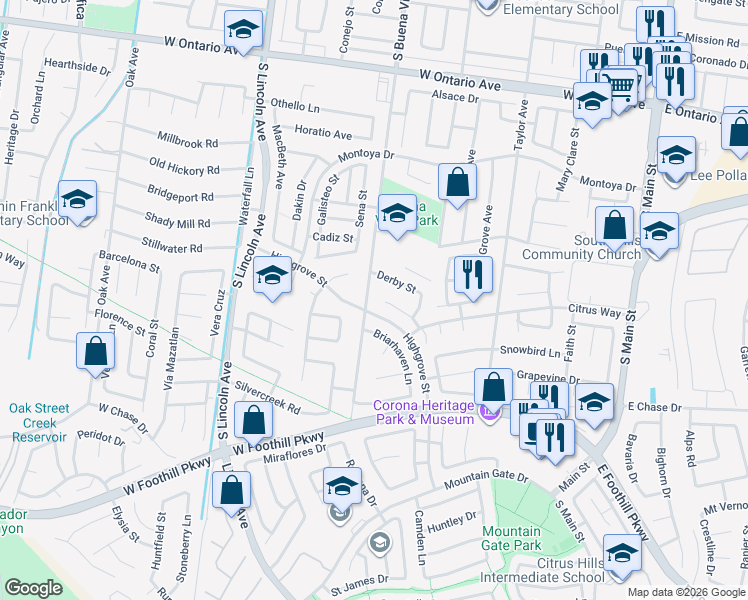 map of restaurants, bars, coffee shops, grocery stores, and more near 2824 South Buena Vista Avenue in Corona