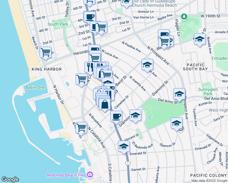 map of restaurants, bars, coffee shops, grocery stores, and more near 428 North Gertruda Avenue in Redondo Beach