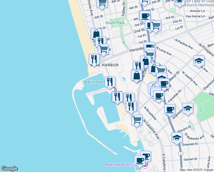 map of restaurants, bars, coffee shops, grocery stores, and more near 665 North Harbor Drive in Redondo Beach