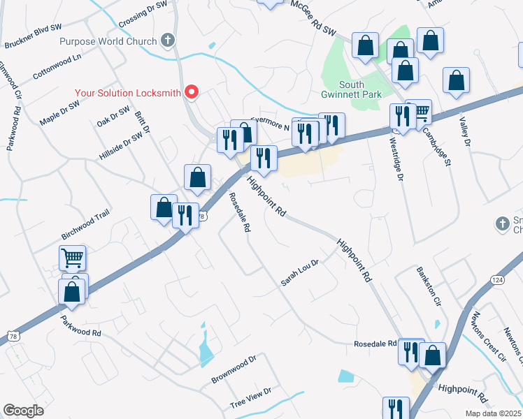 map of restaurants, bars, coffee shops, grocery stores, and more near 3197 Highpoint Court in Snellville