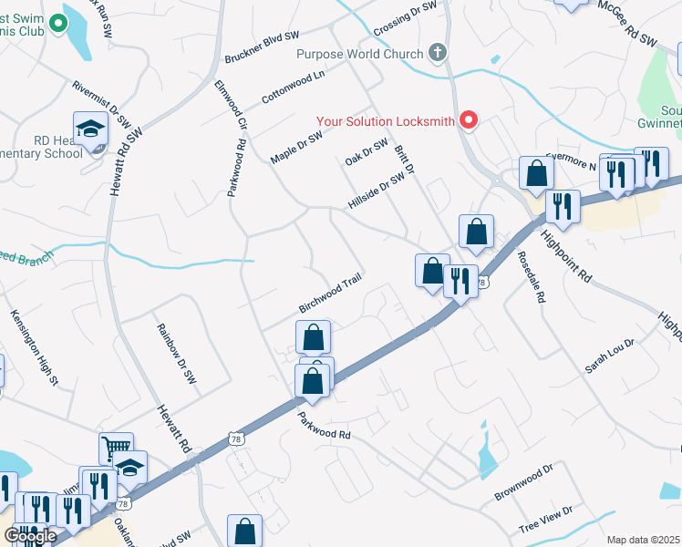 map of restaurants, bars, coffee shops, grocery stores, and more near 3451 Birchwood Trail in Snellville
