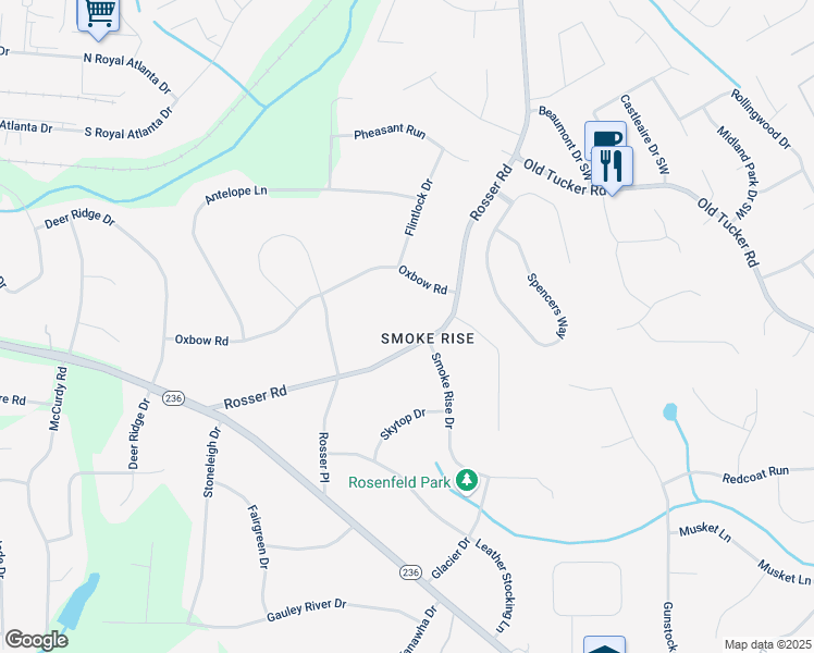 map of restaurants, bars, coffee shops, grocery stores, and more near 5410 Rosser Road in Stone Mountain