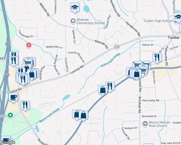 map of restaurants, bars, coffee shops, grocery stores, and more near 3833 Leander Court in Tucker