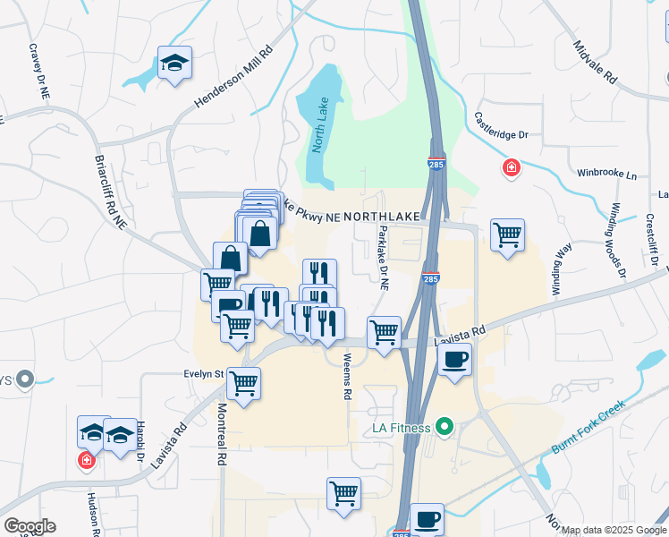 map of restaurants, bars, coffee shops, grocery stores, and more near 2735 Northlake Circle Northeast in Atlanta