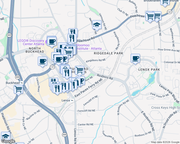 map of restaurants, bars, coffee shops, grocery stores, and more near 3458 Roxboro Road Northeast in Atlanta