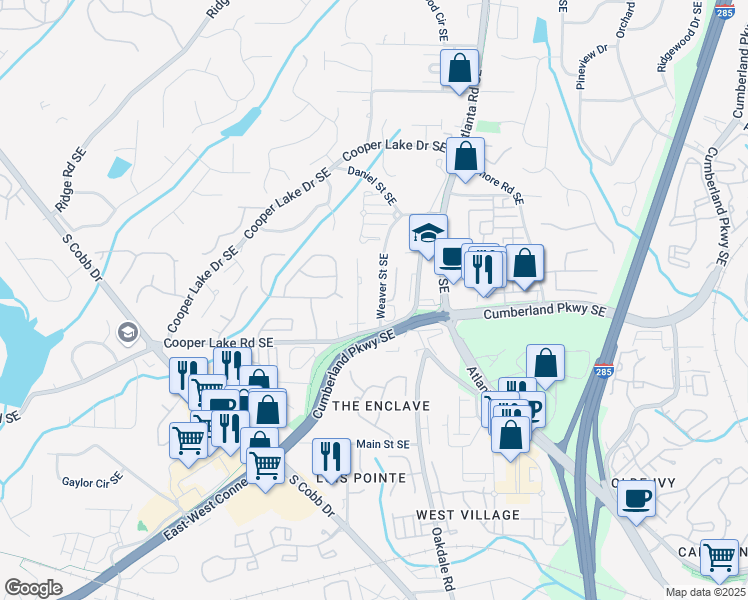 map of restaurants, bars, coffee shops, grocery stores, and more near 4302 Weaver Street Southeast in Smyrna