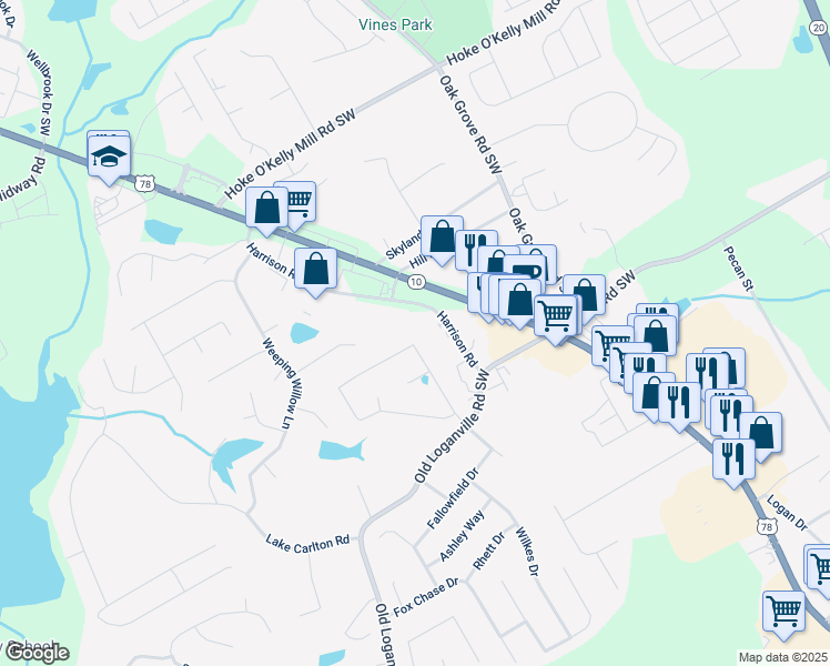 map of restaurants, bars, coffee shops, grocery stores, and more near 527 Ashton Manor Drive in Loganville