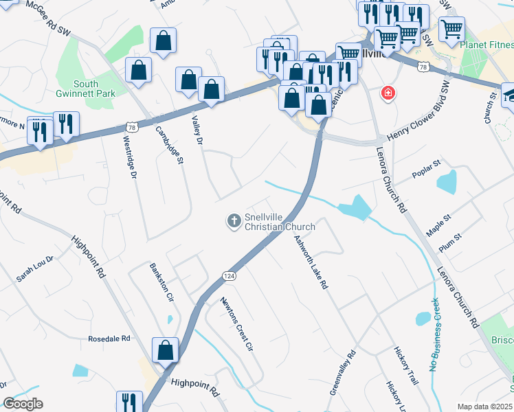 map of restaurants, bars, coffee shops, grocery stores, and more near 2580 Congaree Park in Snellville