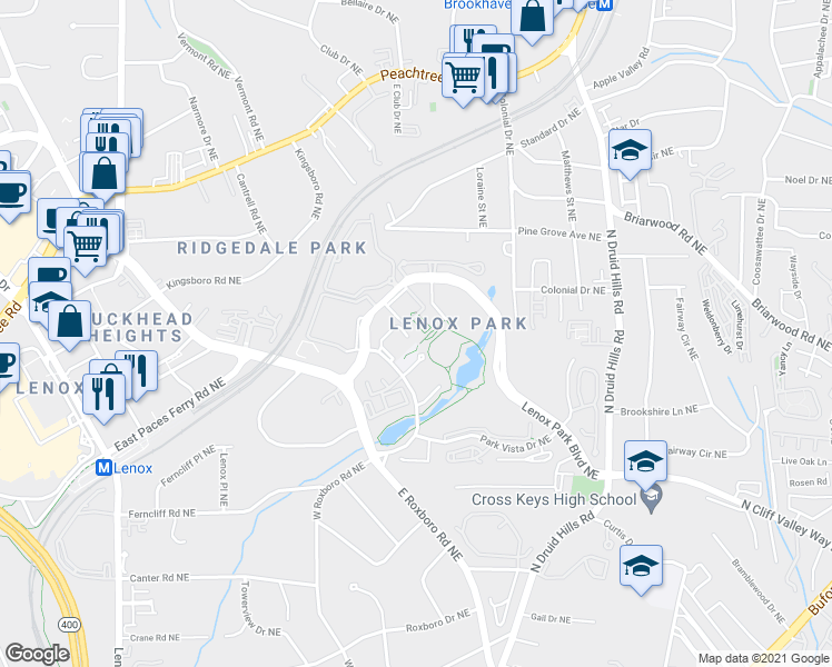 map of restaurants, bars, coffee shops, grocery stores, and more near 1055 Lenox Park Boulevard Northeast in Atlanta