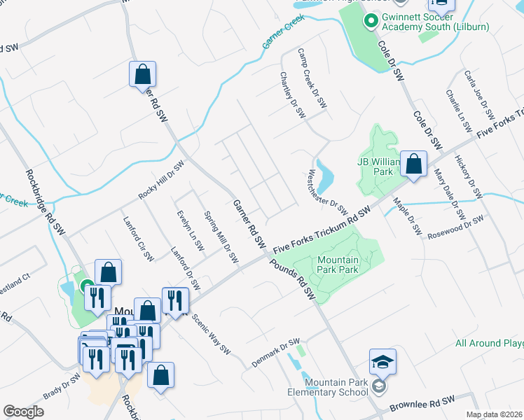 map of restaurants, bars, coffee shops, grocery stores, and more near 1124 Morgan Garner Drive in Lilburn