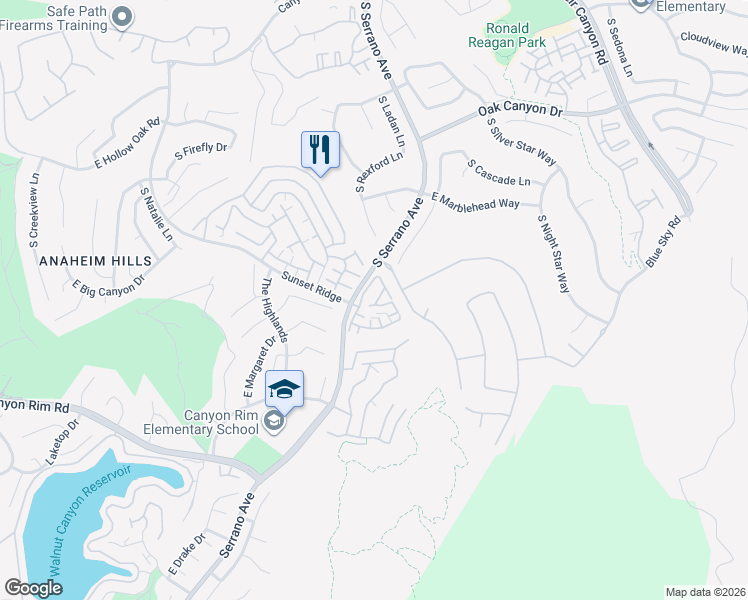 map of restaurants, bars, coffee shops, grocery stores, and more near 1095 South San Marino Way in Anaheim