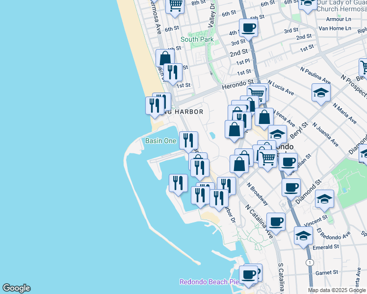 map of restaurants, bars, coffee shops, grocery stores, and more near 665 North Harbor Drive in Redondo Beach