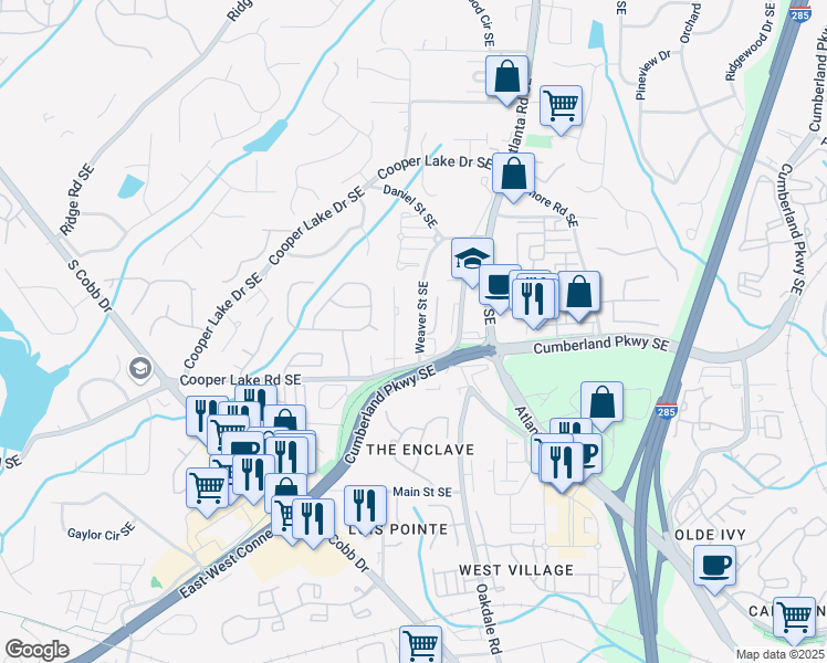 map of restaurants, bars, coffee shops, grocery stores, and more near 4302 Weaver Street Southeast in Smyrna