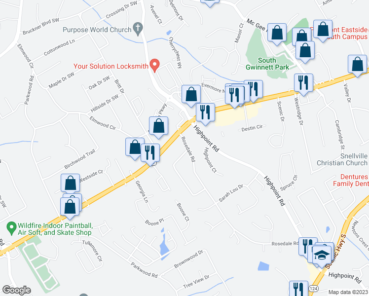 map of restaurants, bars, coffee shops, grocery stores, and more near 2179 Rosedale Road in Snellville