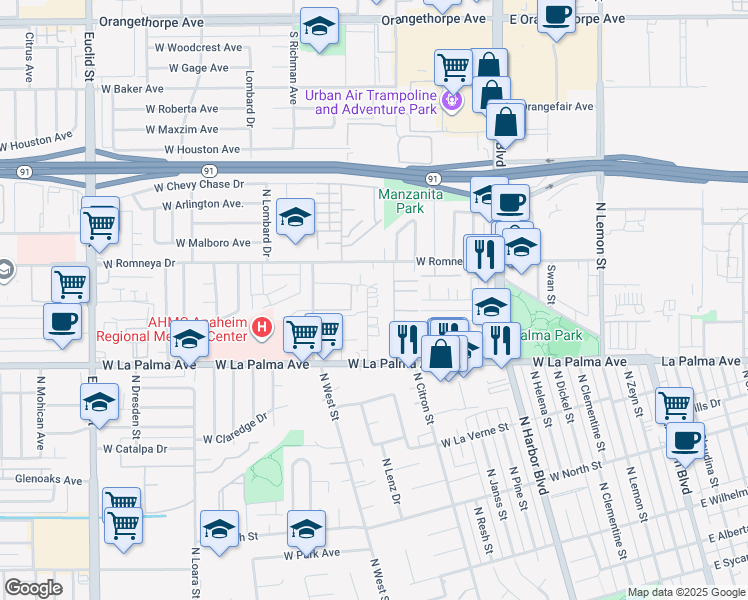 map of restaurants, bars, coffee shops, grocery stores, and more near 1168 North Mayfair Avenue in Anaheim