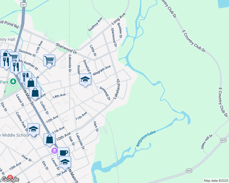 map of restaurants, bars, coffee shops, grocery stores, and more near 206 Lakeland Drive in Conway